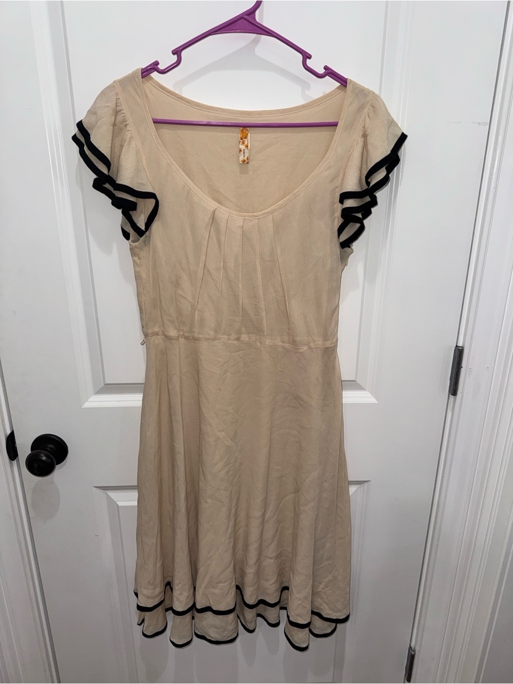 Maeve Beige Midi Dress with Black Trim